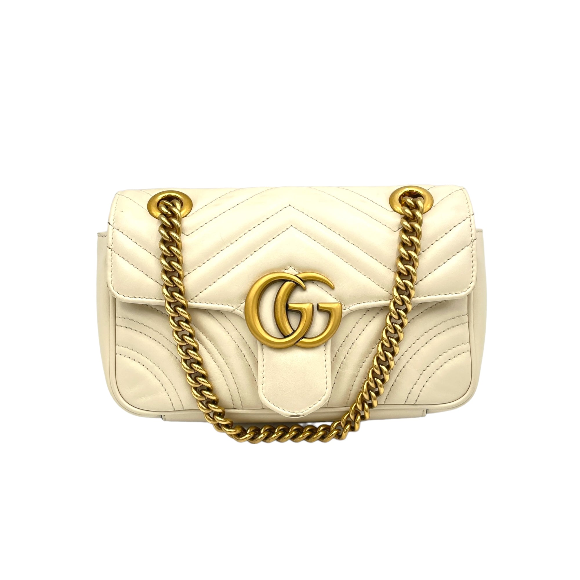 GG Marmont Mini White Shoulder Bag in Calfskin, Brushed Gold hardware