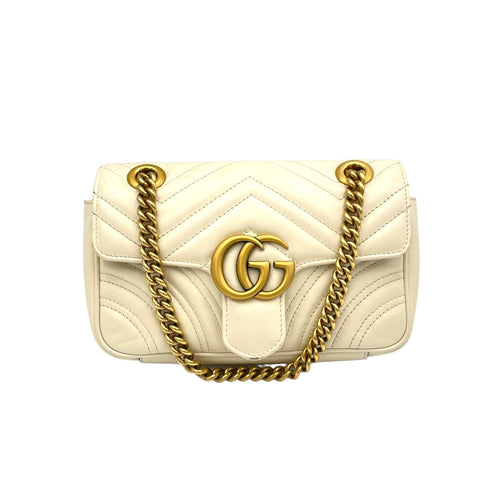 GG Marmont Mini White Shoulder Bag in Calfskin, Brushed Gold hardware