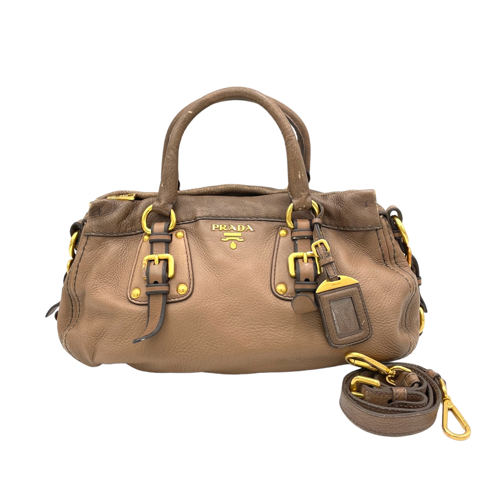 Logo Two way Brown Top Handle Bag in Deerskin, Gold hardware