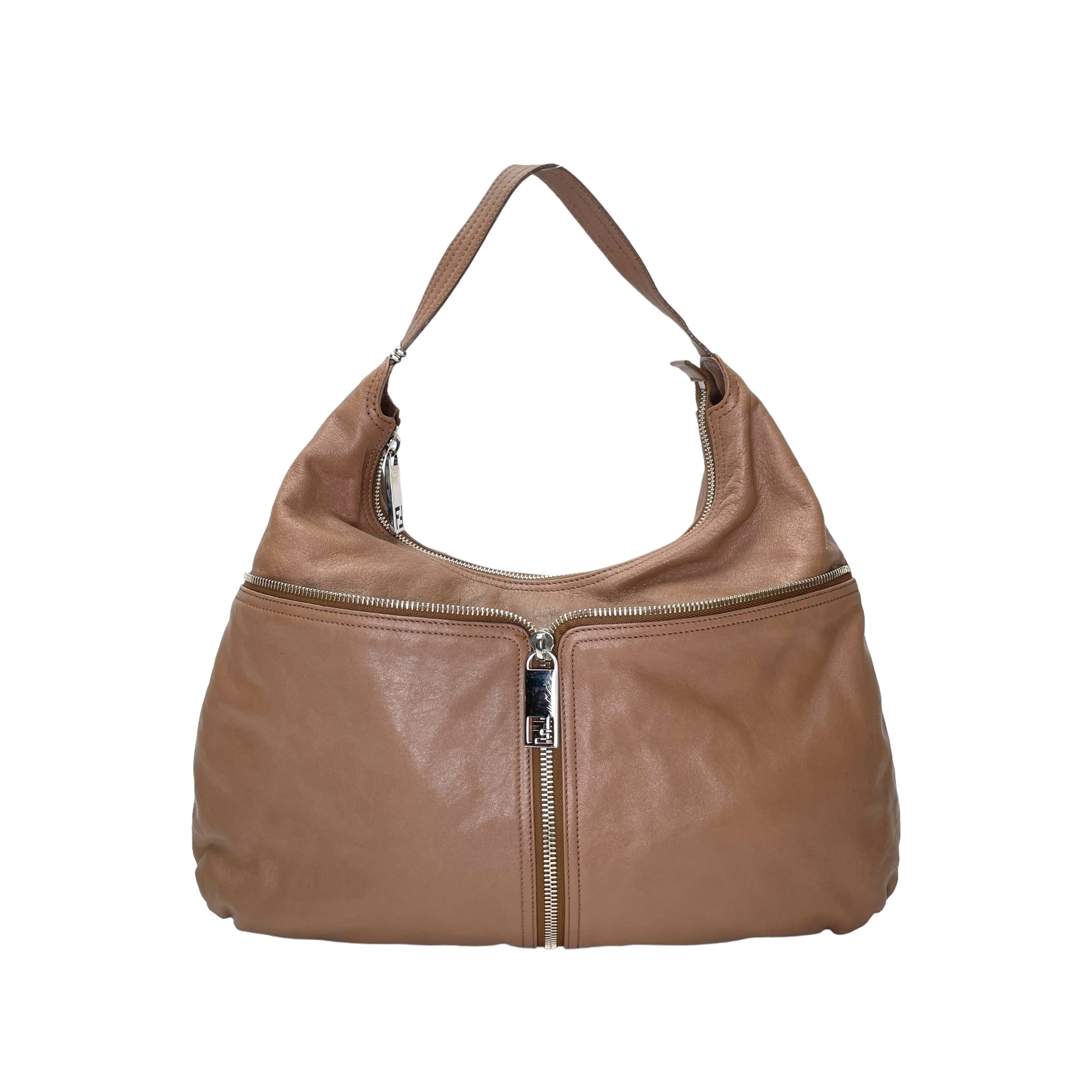 Hobo Brown Shoulder Bag in Calfskin, Silver hardware