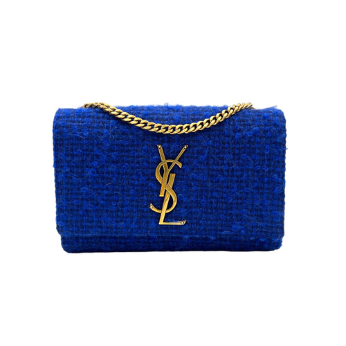 Kate Small Blue Crossbody Bag in Tweed, Gold hardware