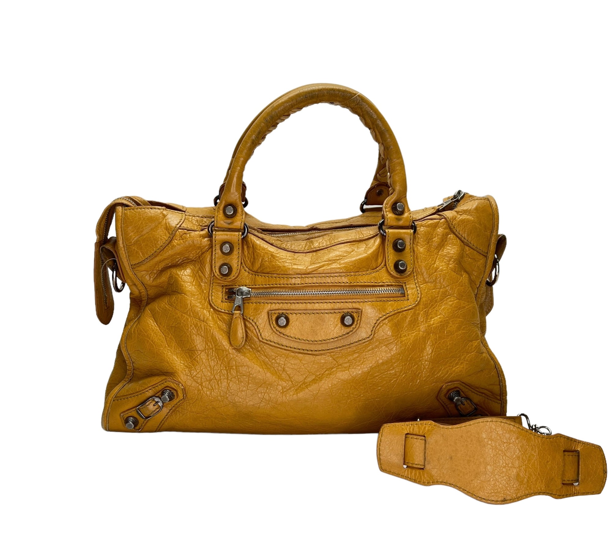 City Medium Yellow Shoulder Bag in Distressed Leather, Silver hardware