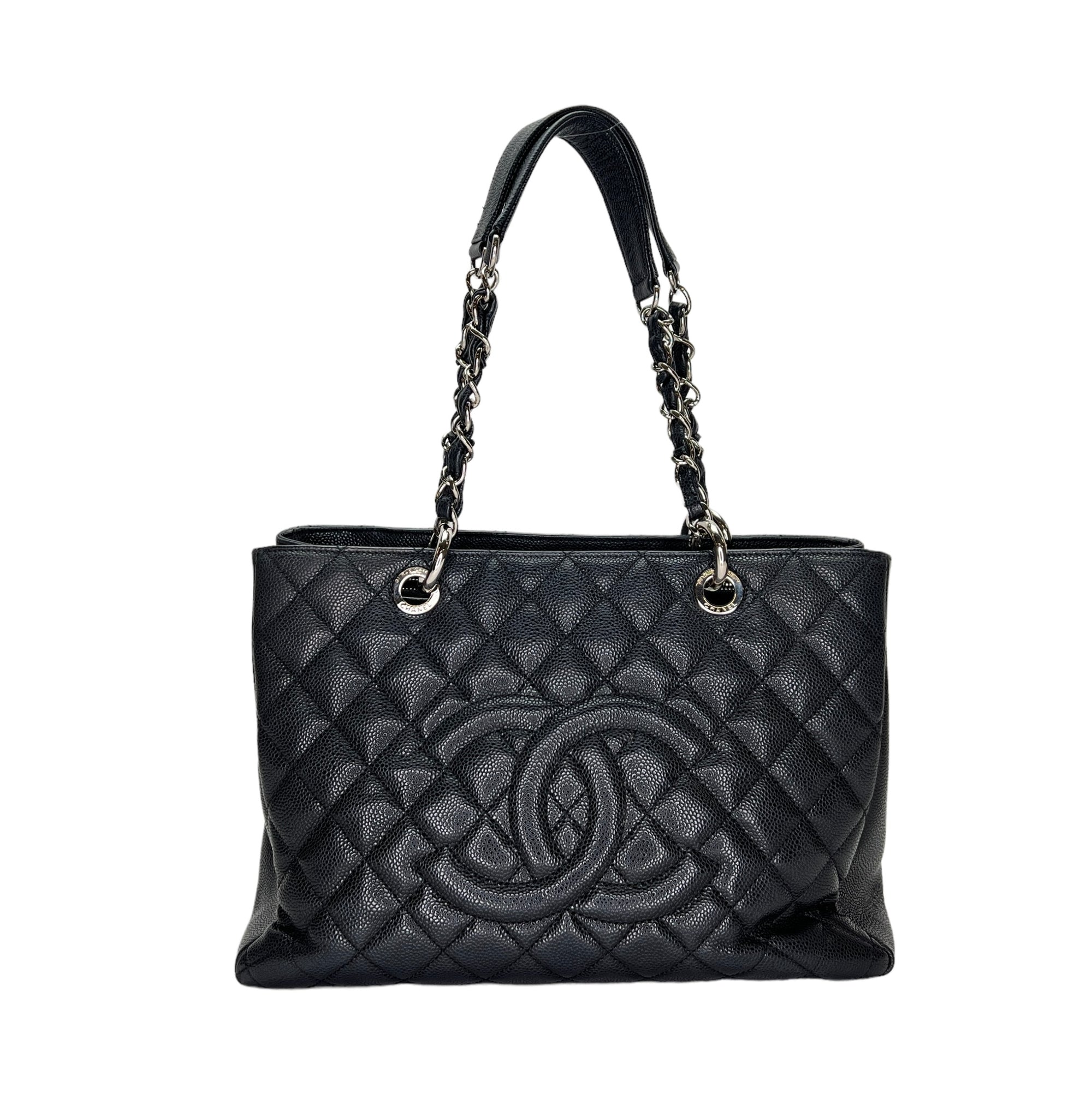 GST Grand Shopping Tote Black Tote Bag in Caviar Leather, Silver hardware