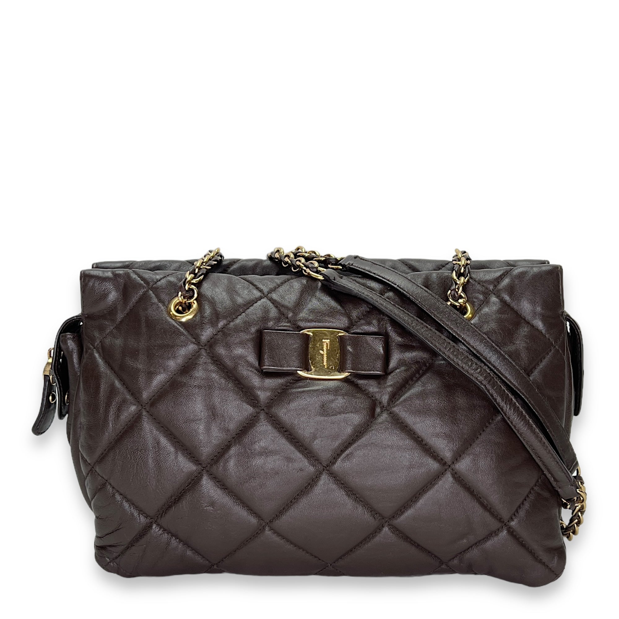 Vara Bow Brown Shoulder Bag in Calfskin, Gold hardware