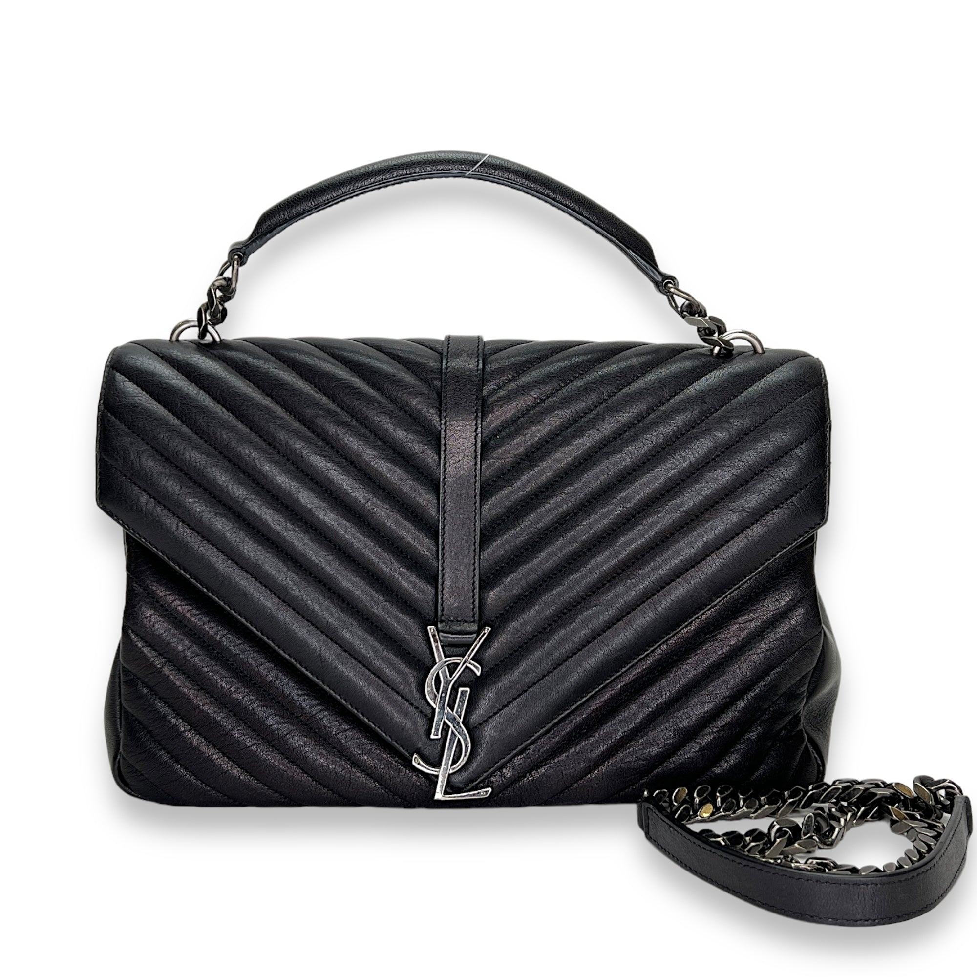 College Large Black Shoulder Bag in Calfskin, Silver hardware