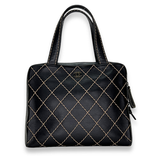 Wild Stitch Black Top Handle Bag in Calfskin, Ruthenium hardware