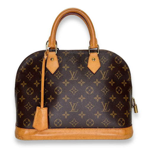 Alma PM Brown Top Handle Bag in Monogram Coated Canvas, Gold hardware