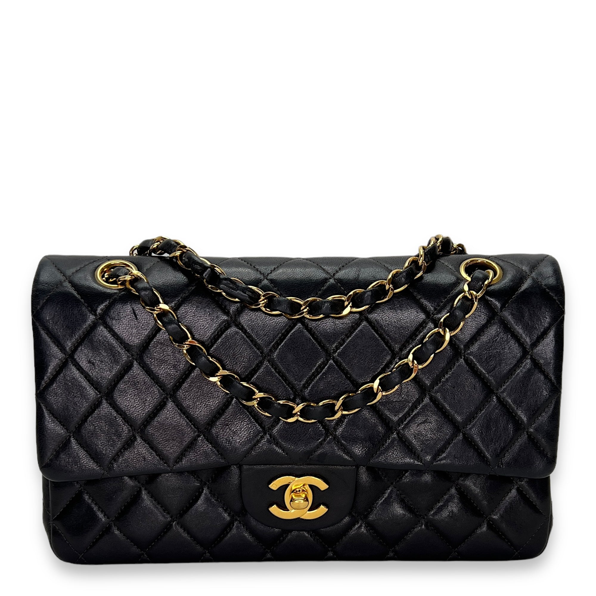 Flap Medium Black Shoulder Bag in Lambskin, Gold hardware