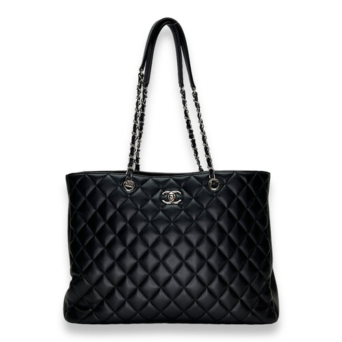 Quilted Black Tote Bag in Calfskin, Silver hardware