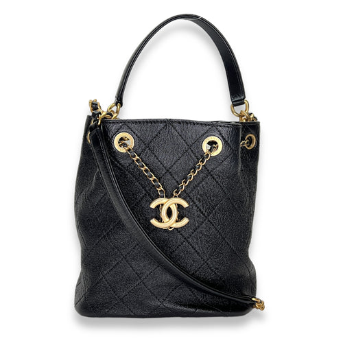 Quilted Drawstring Black Bucket Bag in Calfskin, Gold hardware