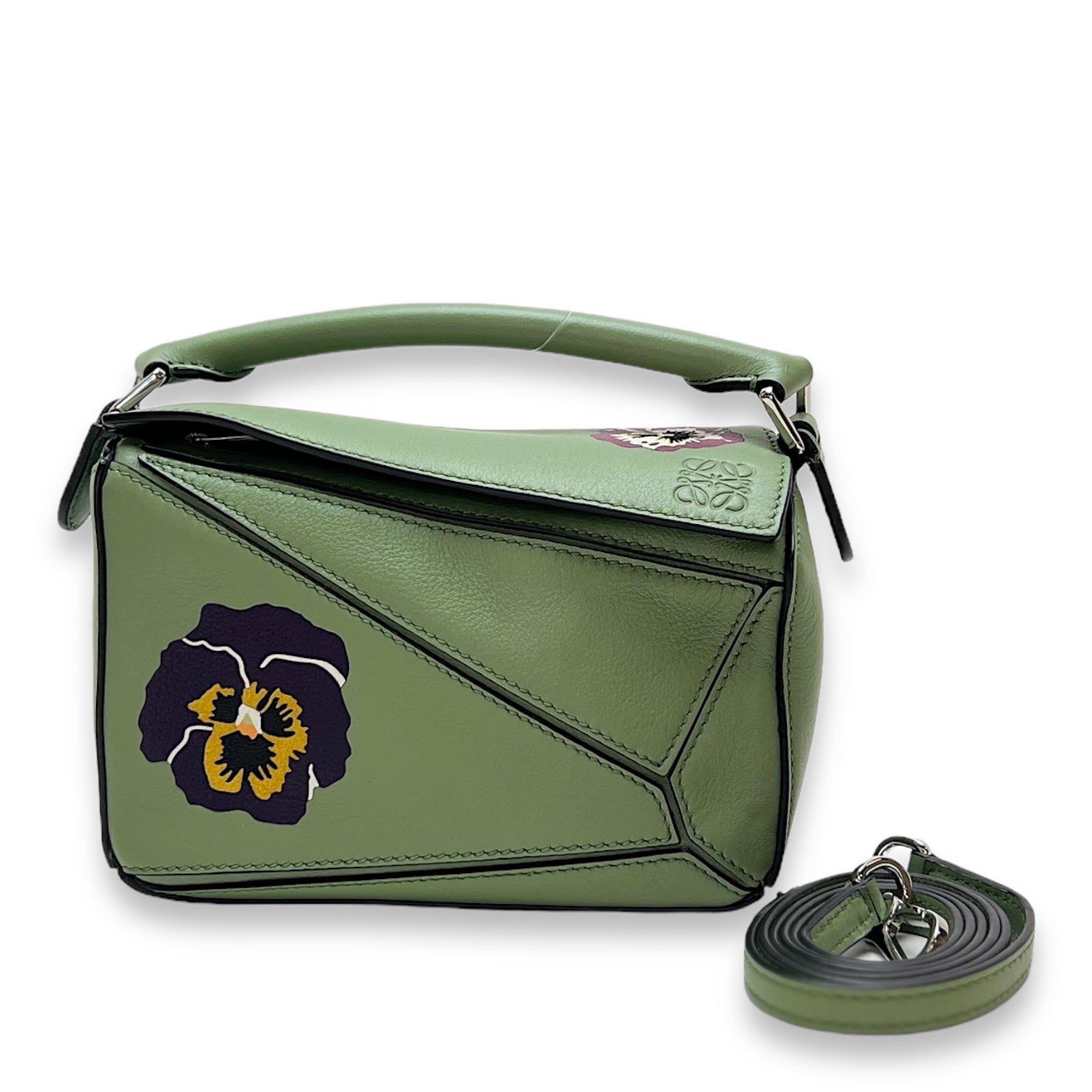 Joe Brainard Pansies Puzzle Mini Green Crossbody Bag in Calfskin, Silver hardware