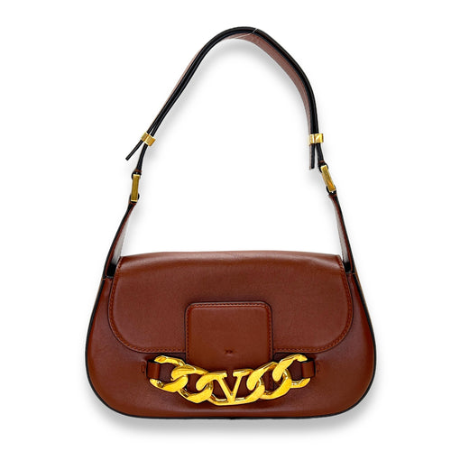 VLogo Chain Brown Shoulder Bag in Calfskin, Gold hardware