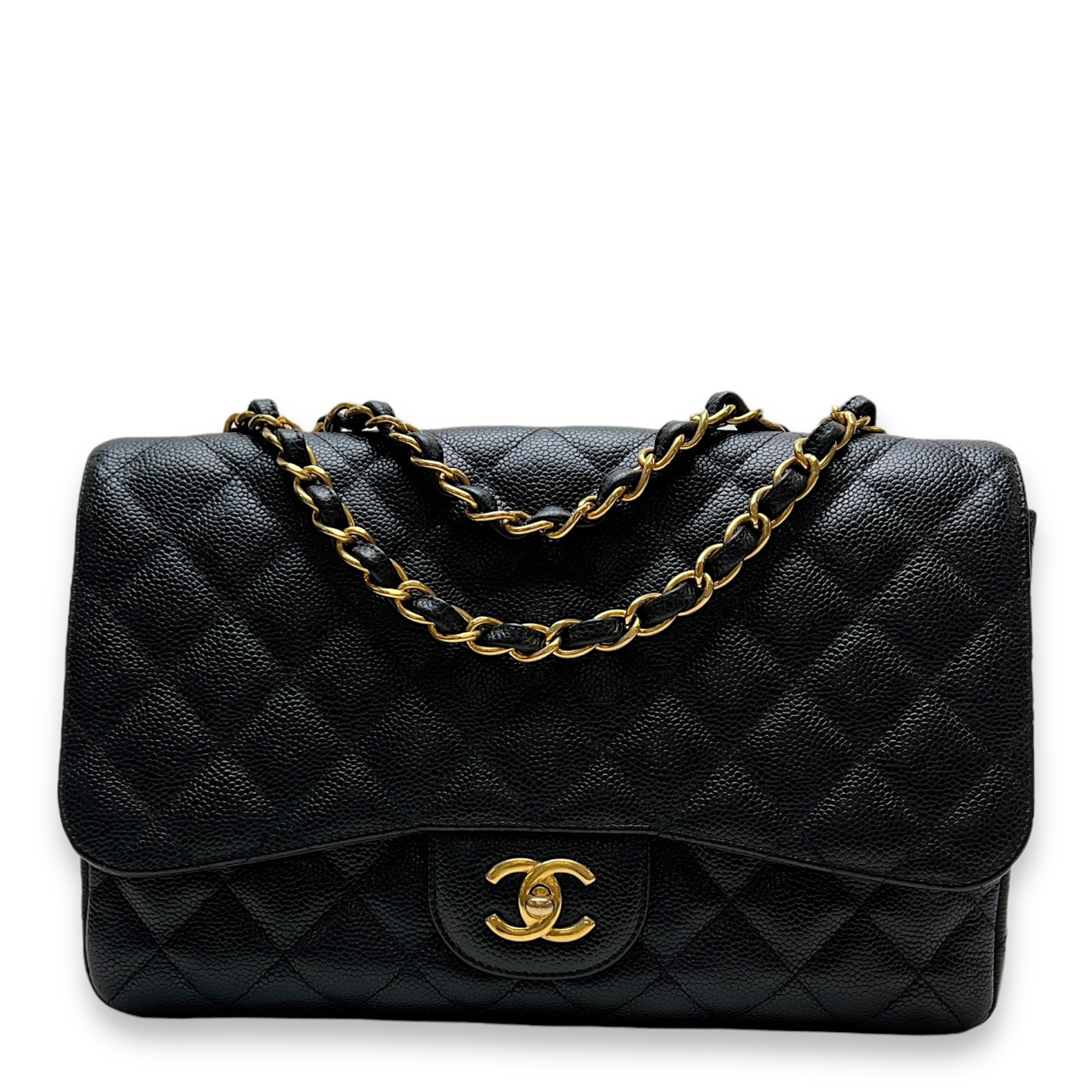 Classic Jumbo Black Shoulder Bag in Caviar Leather, Gold hardware