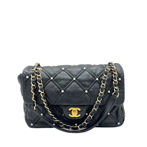 Pearl studded flap Medium Black Crossbody Bag in Calfskin, Gold hardware