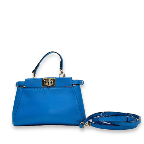 Peekaboo Micro Blue Top Handle Bag in Calfskin, Gold hardware