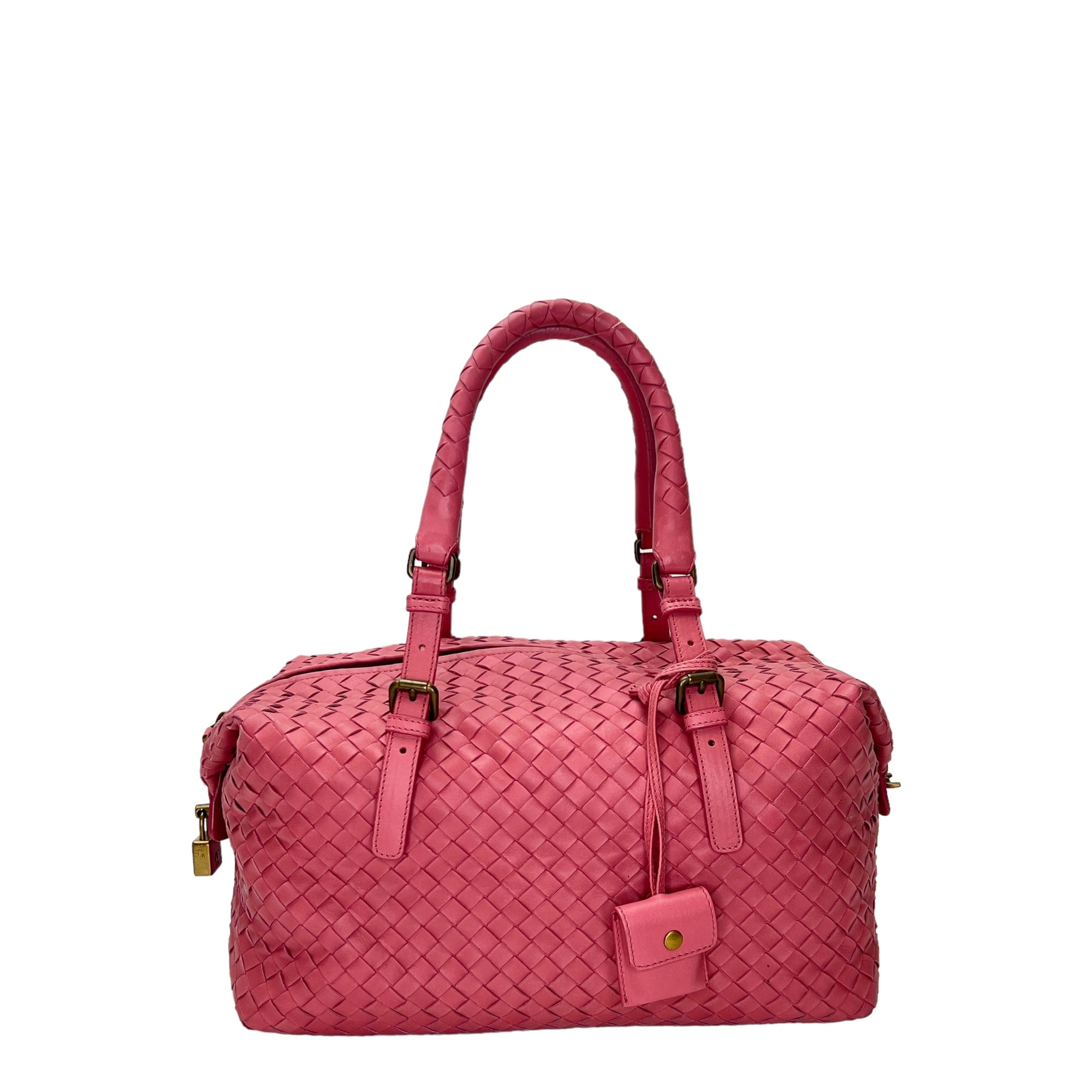 Boston Pink Top Handle Bag in Intrecciato Leather, Brushed Gold hardware