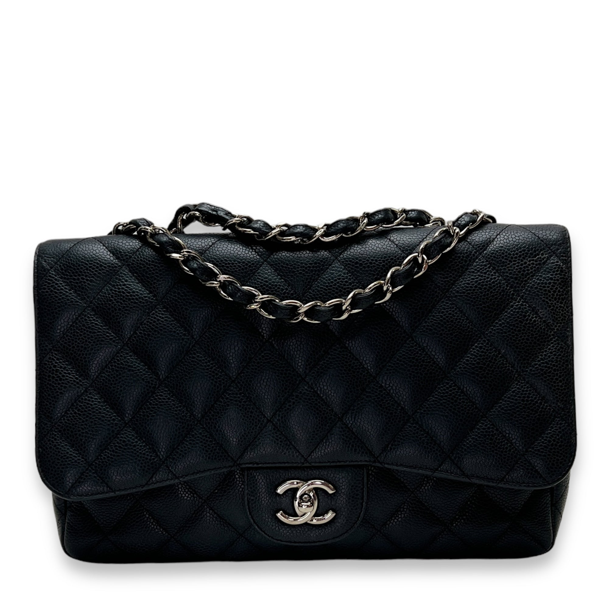 Classic Shoulder Bag Jumbo Single Flap Black in Caviar Leather , Silver Hardware