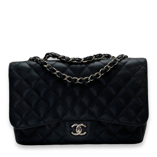 Classic Shoulder Bag Jumbo Single Flap Black in Caviar Leather , Silver Hardware