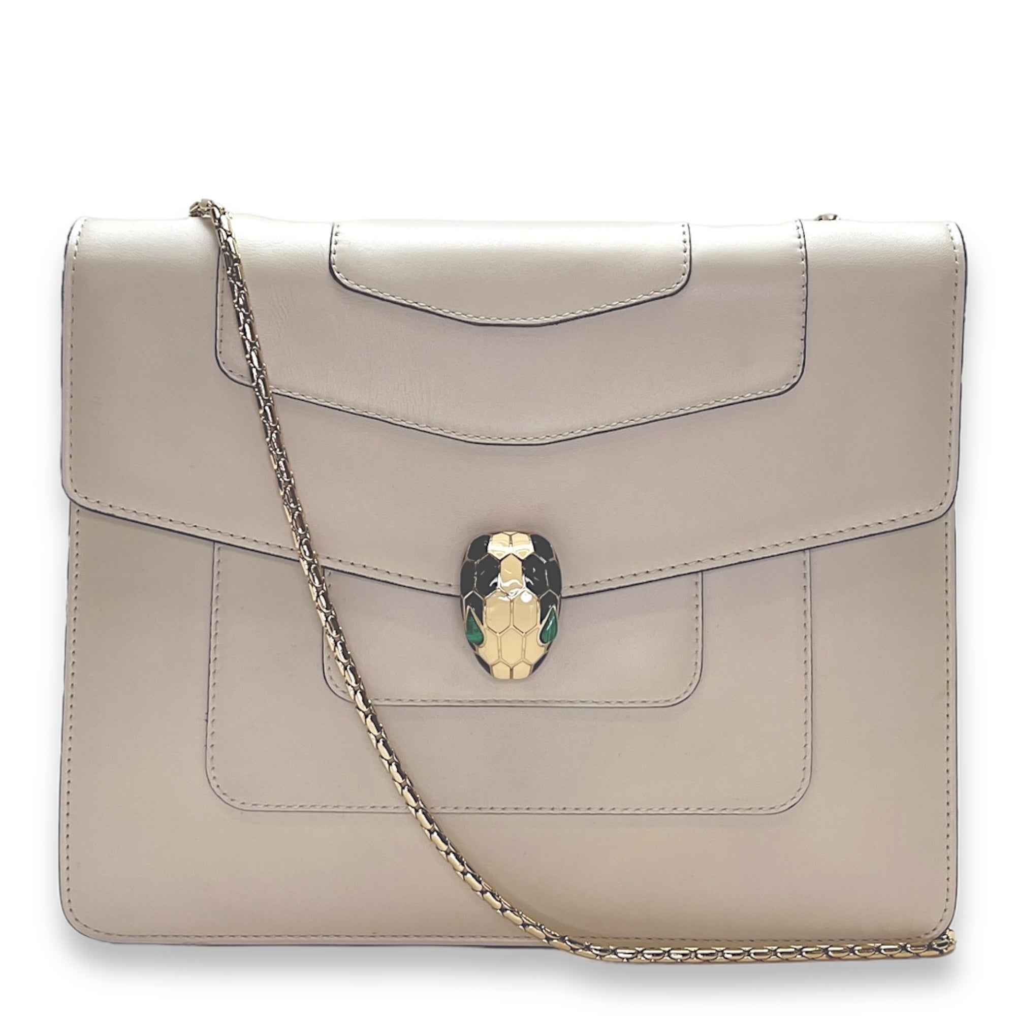 Serpenti Forever Medium White Shoulder Bag in Calfskin, Light Gold hardware