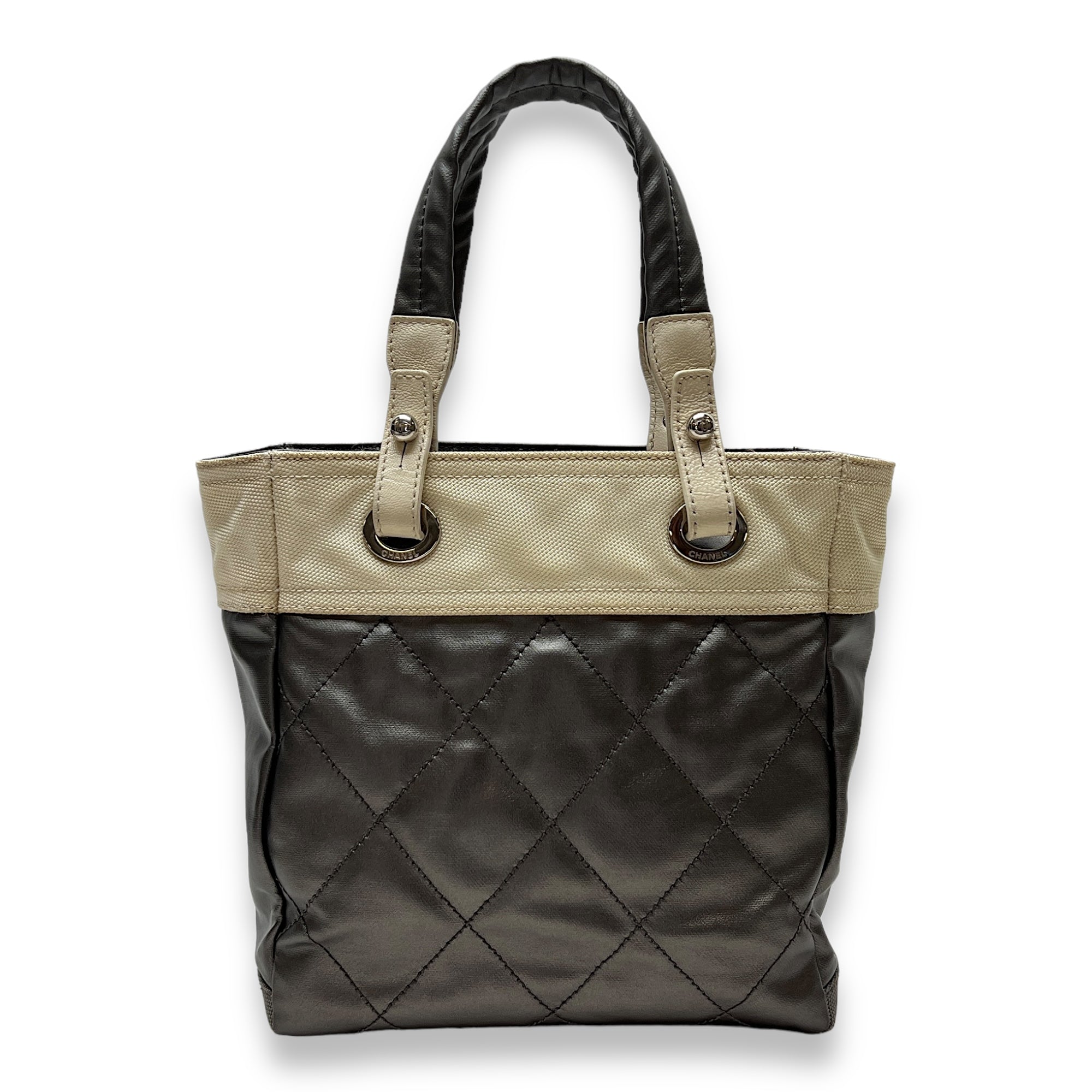 Paris Biarritz Small Silver Tote Bag in Coated Canvas, Silver hardware