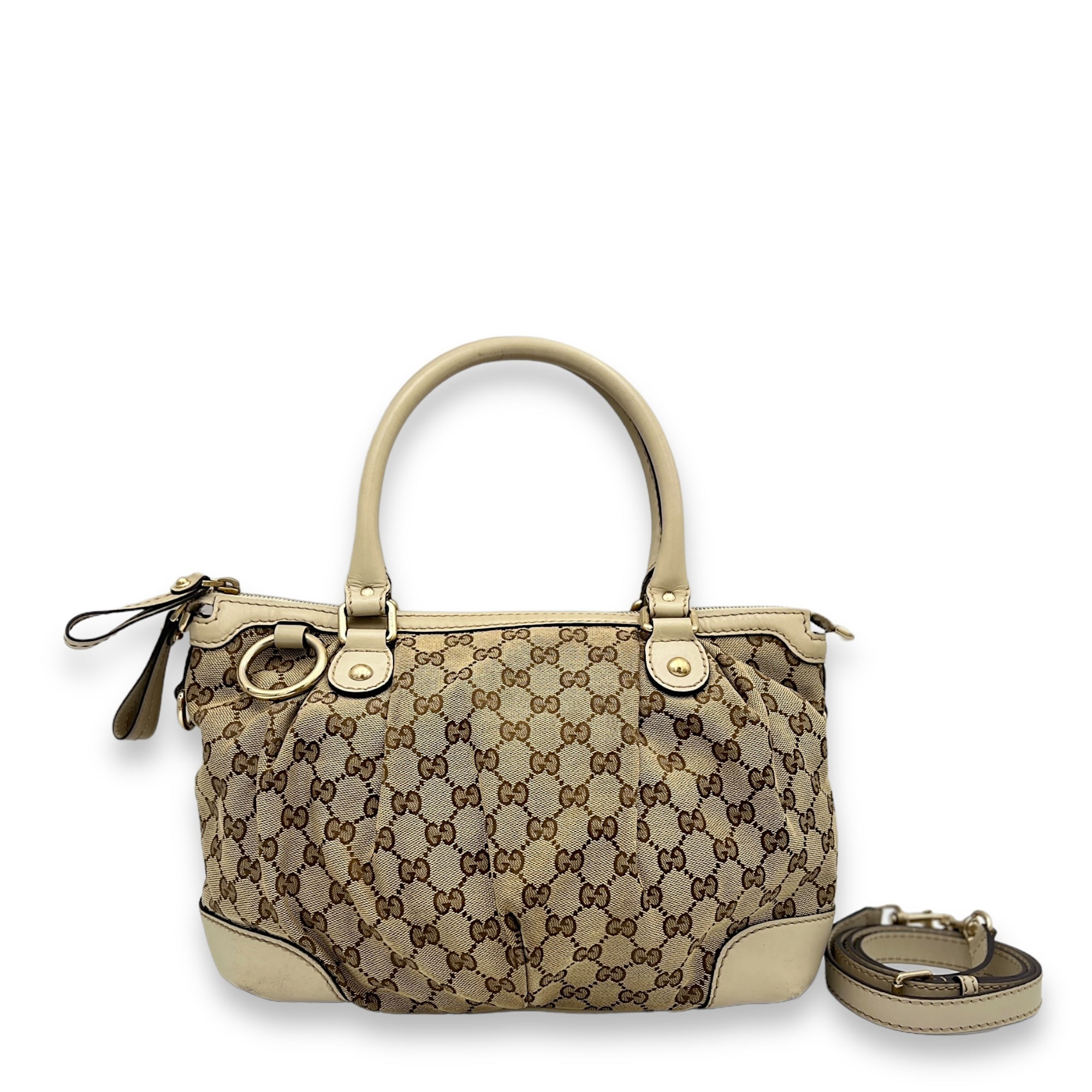 GG White Top Handle Bag in Canvas, Gold hardware