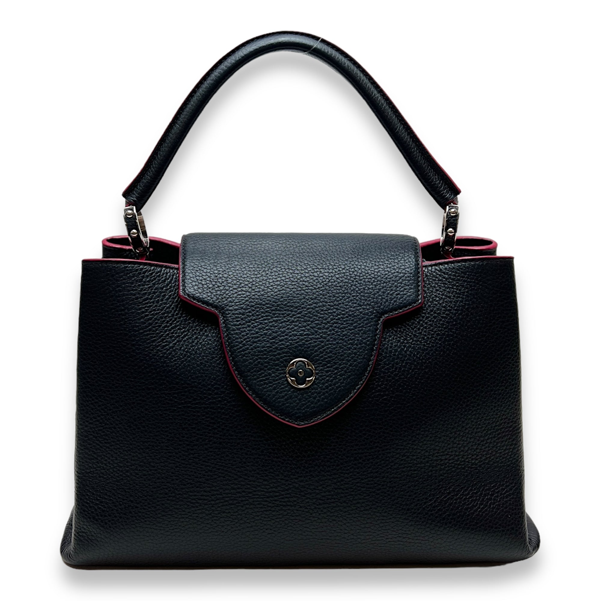 Capucines MM Black Top Handle Bag in Taurillon Leather, Silver hardware