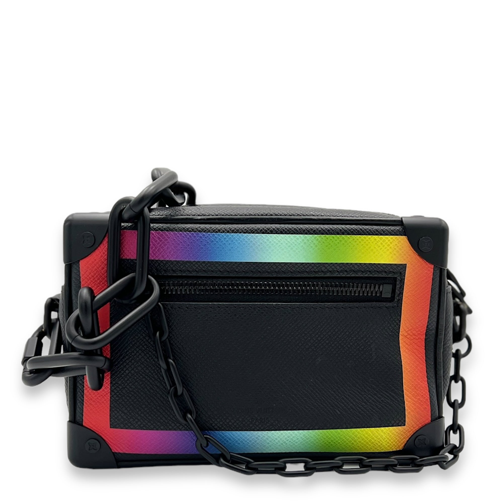 Soft Trunk Mini Black Crossbody Bag in Taiga Leather, Lacquered Metal hardware