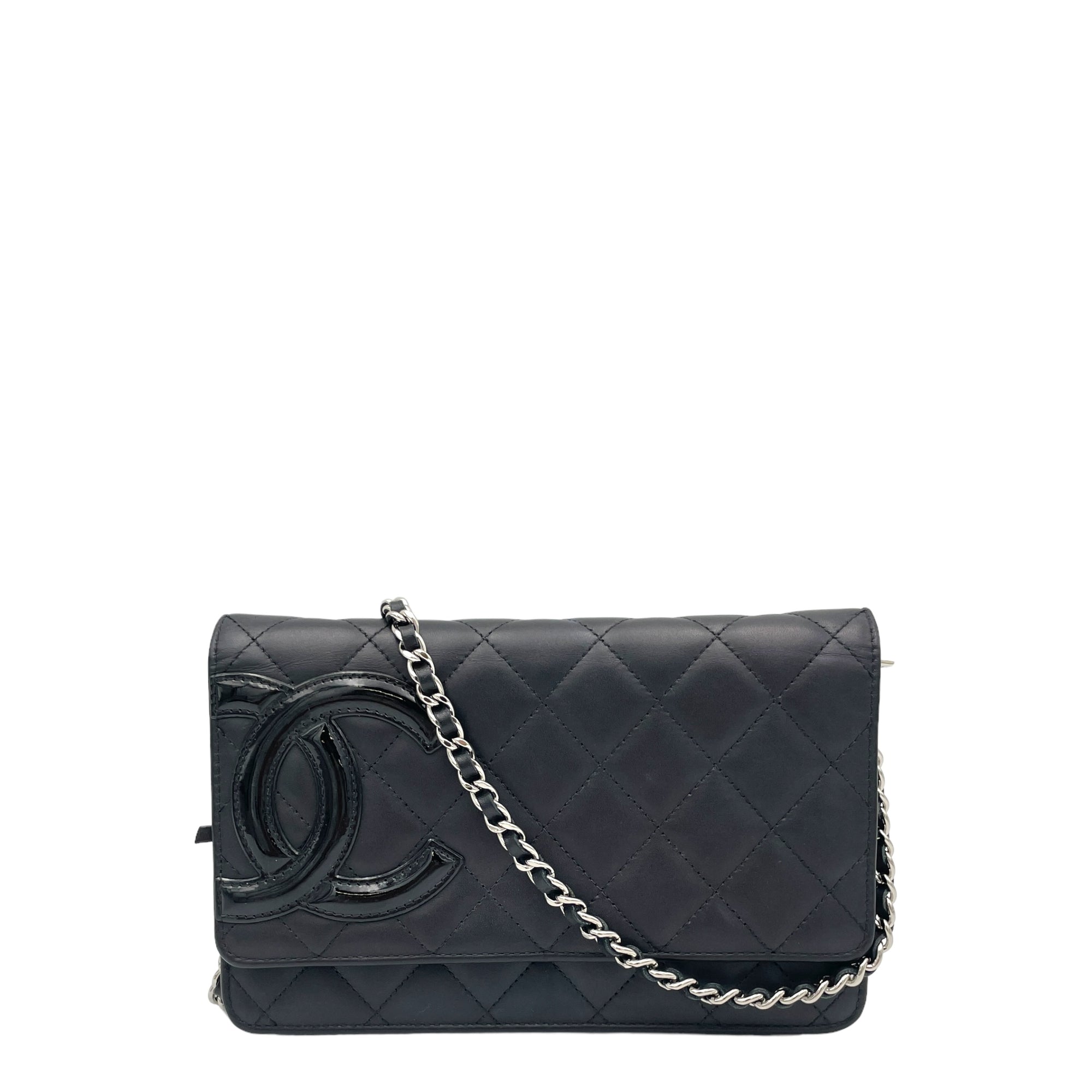 Cambon Black Wallet On Chain in Calfskin, Silver hardware