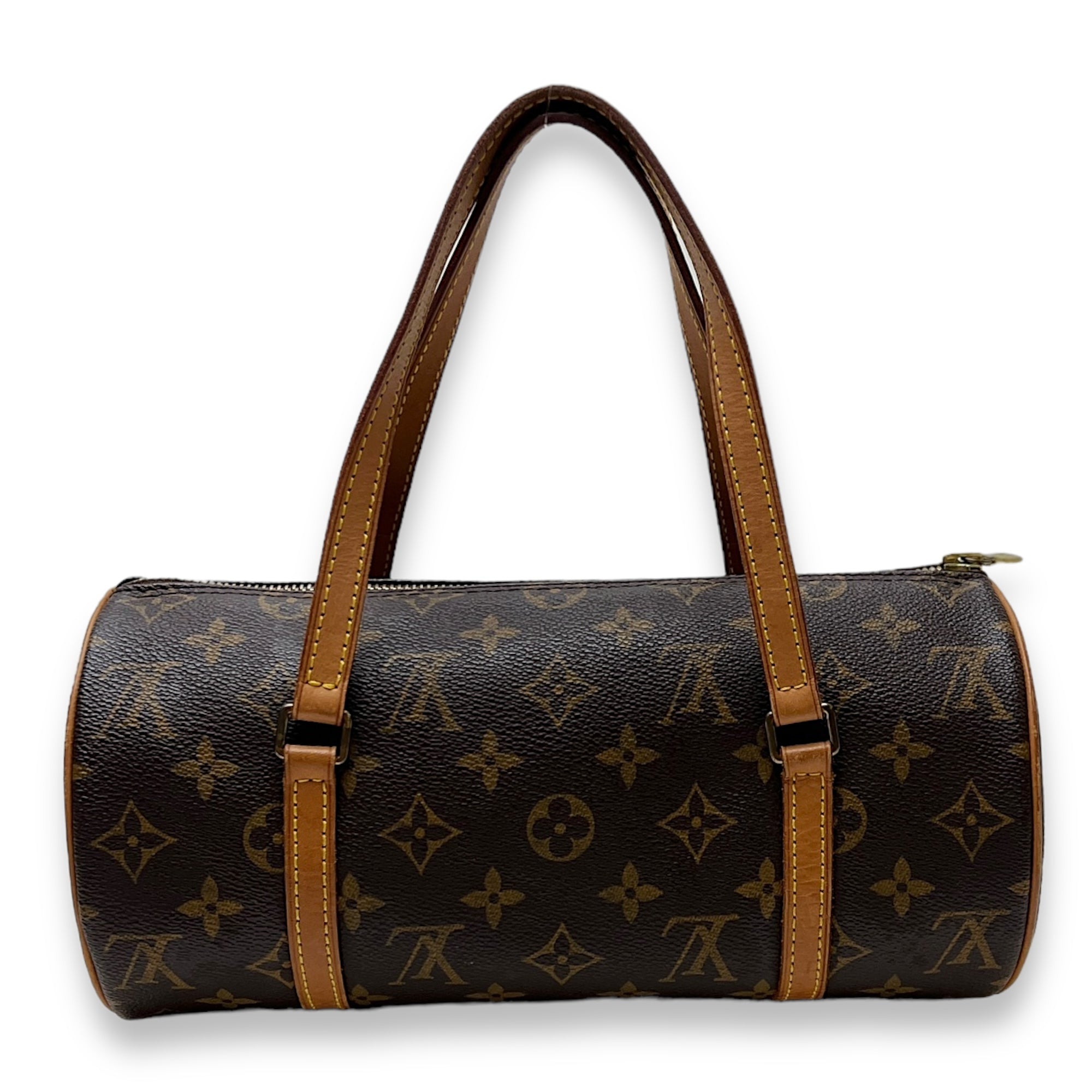 Papillon 28 Brown Top Handle Bag in Monogram Coated Canvas, Gold hardware