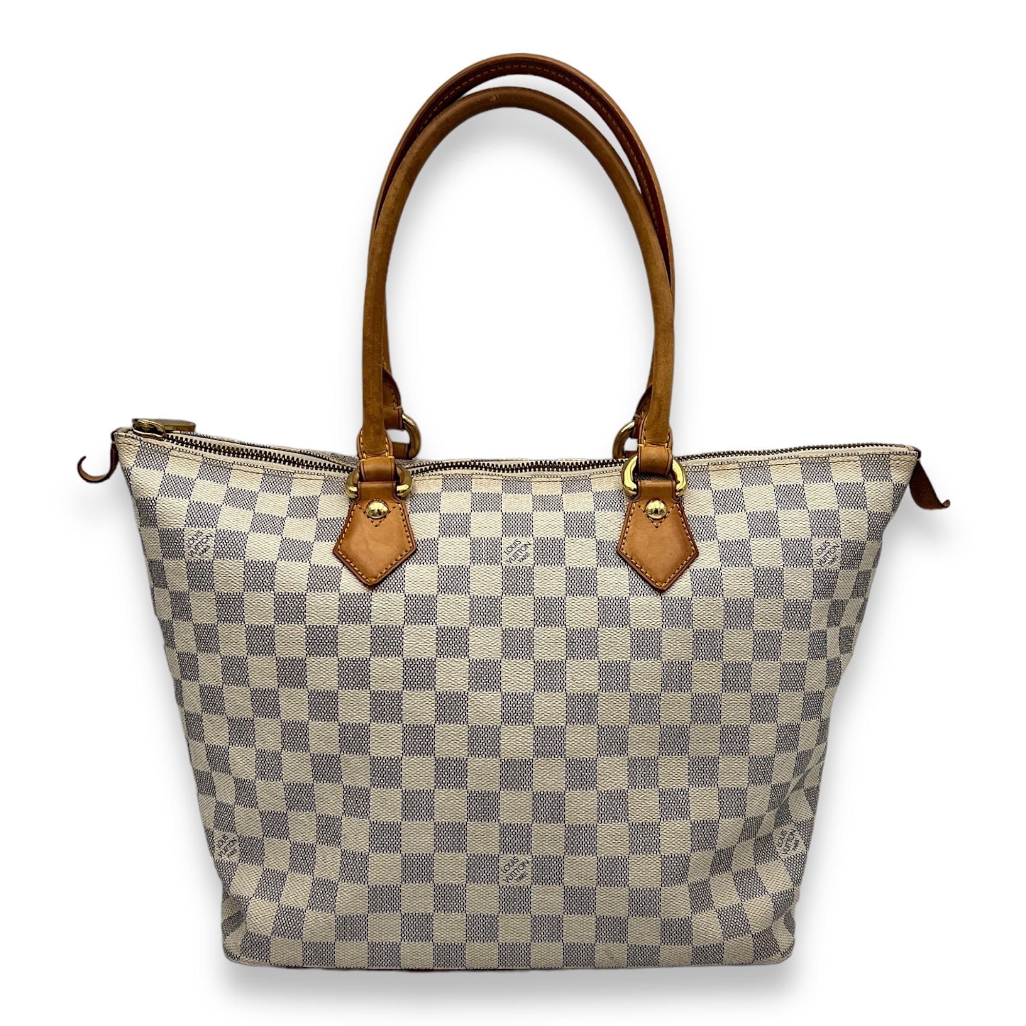 Saleya MM Damier Azur Top Handle Bag in Coated Canvas, Gold hardware