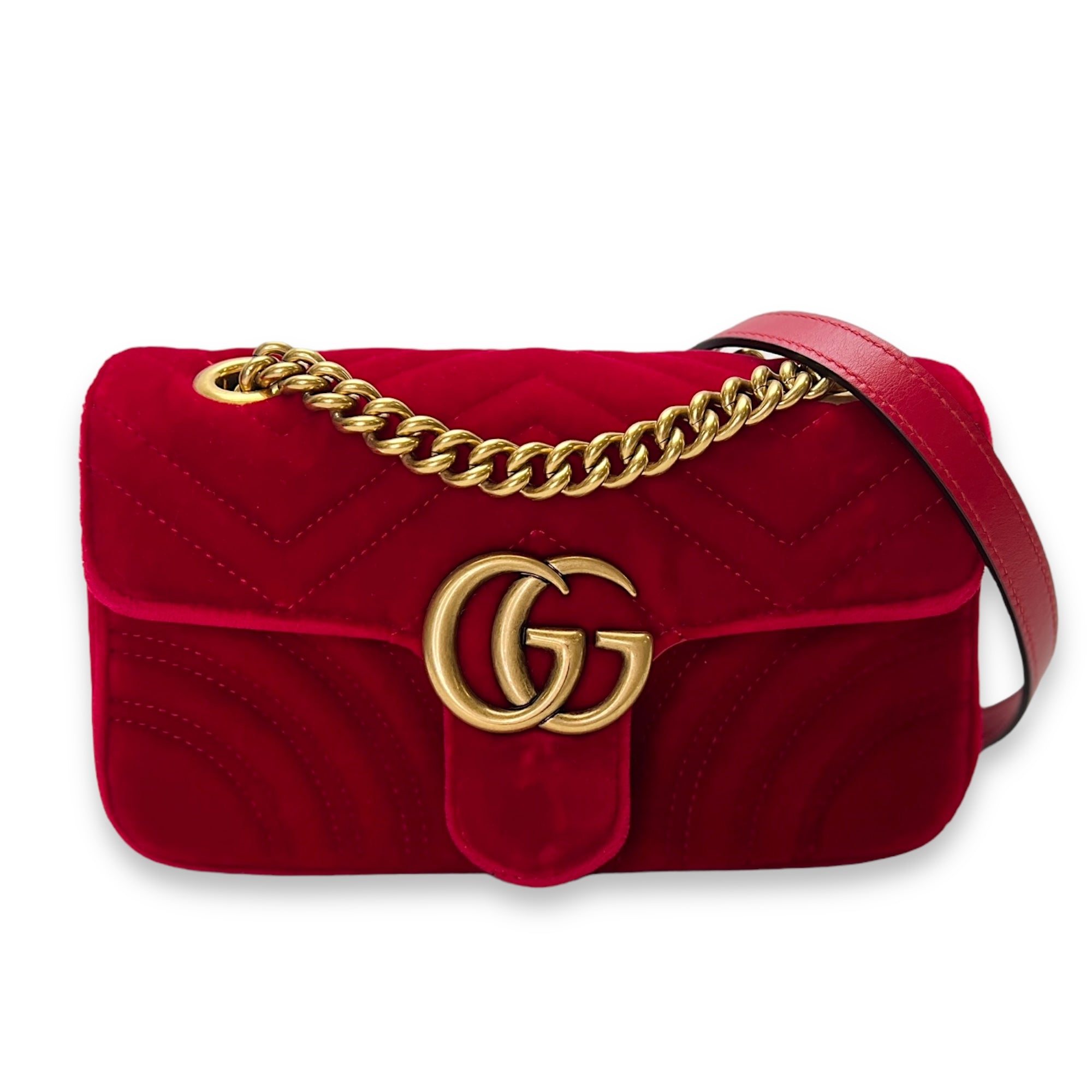 GG Marmont Mini Red Shoulder Bag in Velvet, Gold hardware