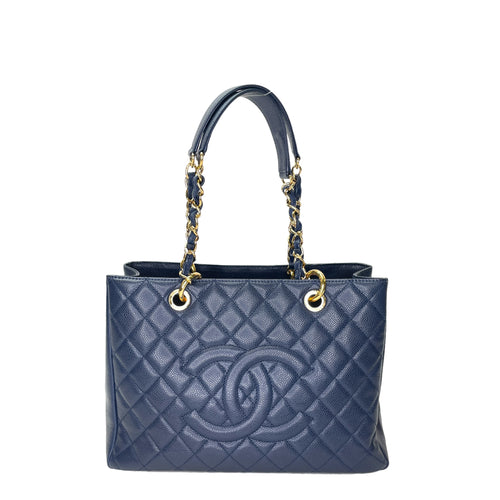 GST Grand Shopping Tote Medium Blue Tote Bag in Caviar Leather, Gold hardware