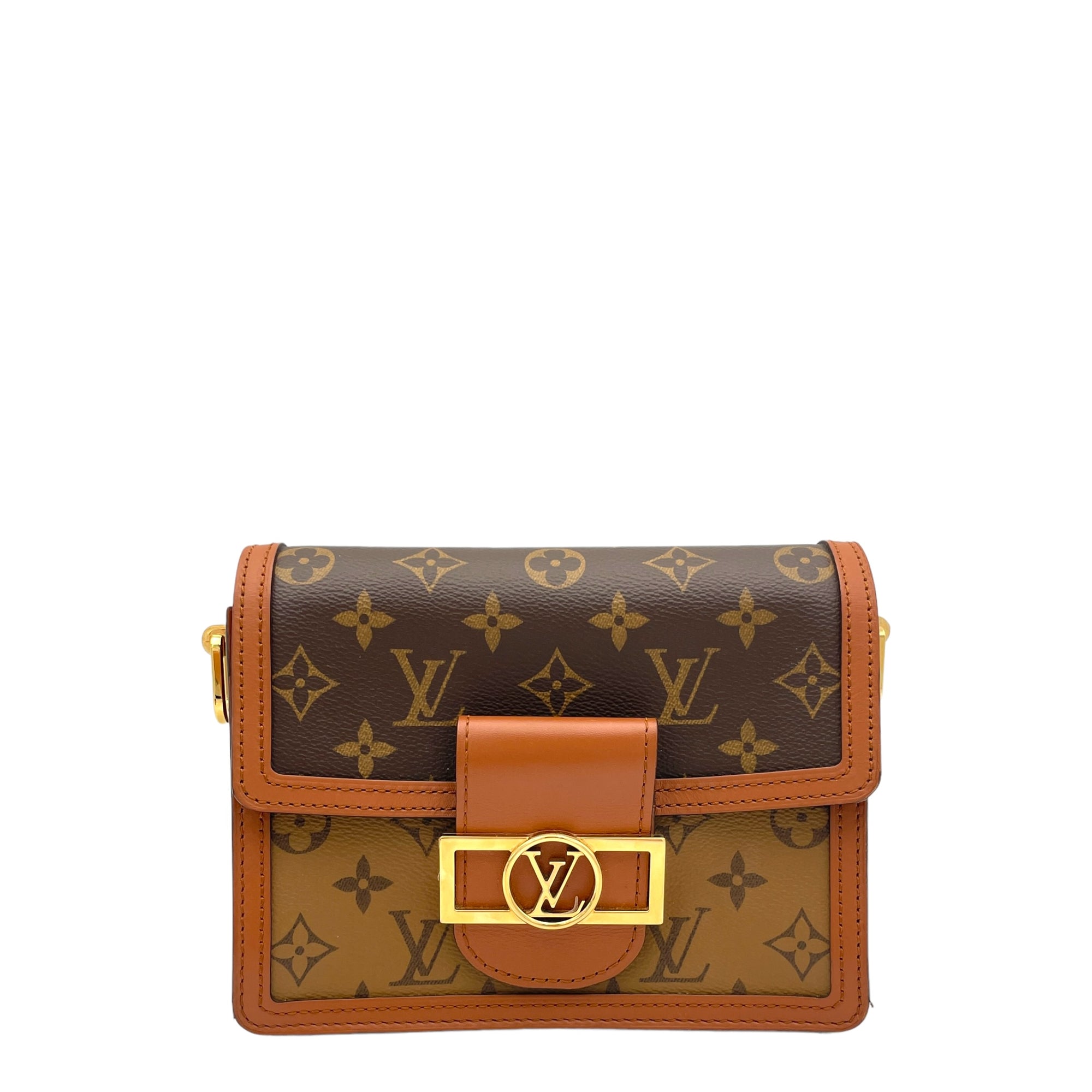 Dauphine Shoulder Bag Mini Brown in Monogram Coated Canvas , Gold Hardware