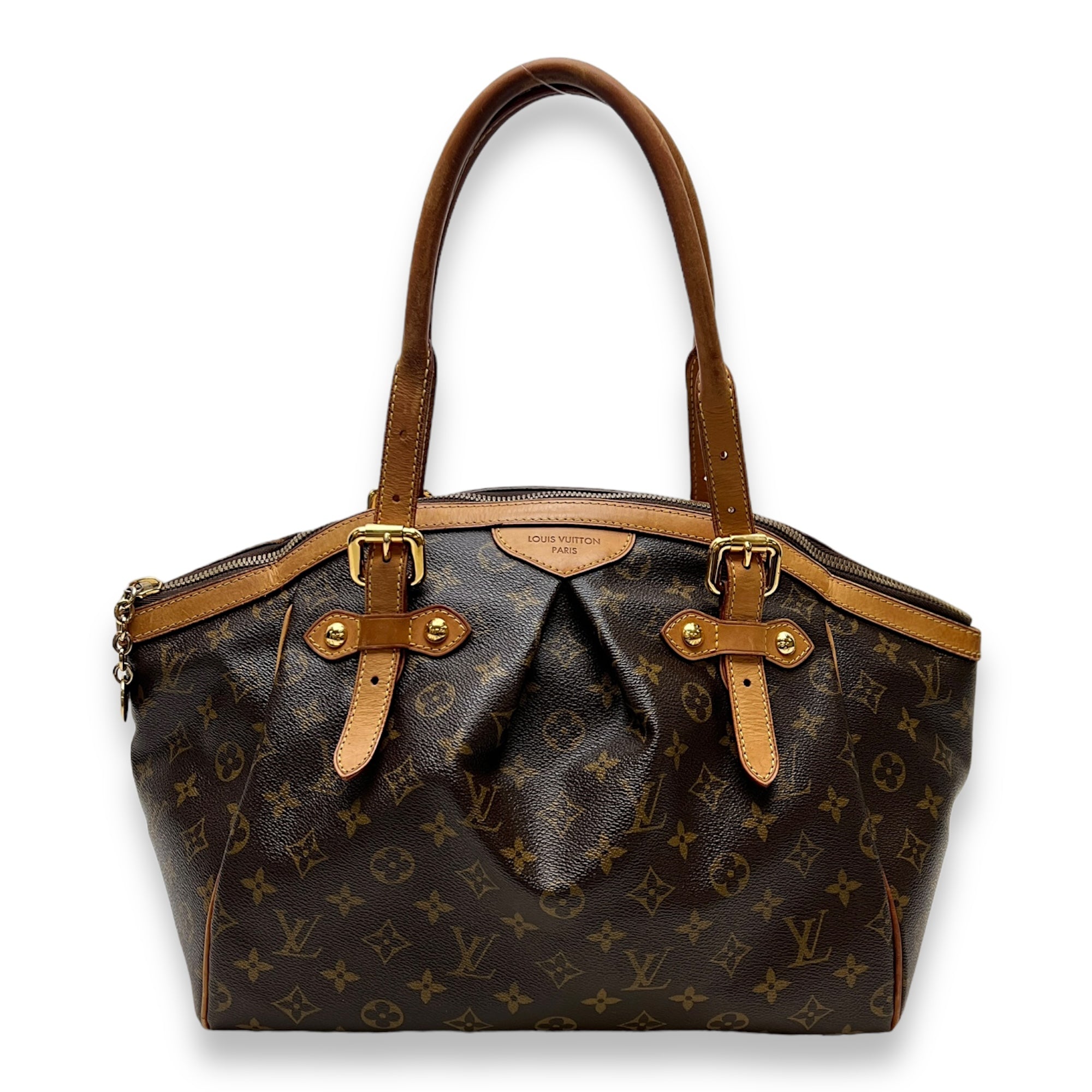 Tivoli GM Brown Top Handle Bag in Monogram Coated Canvas, Gold hardware