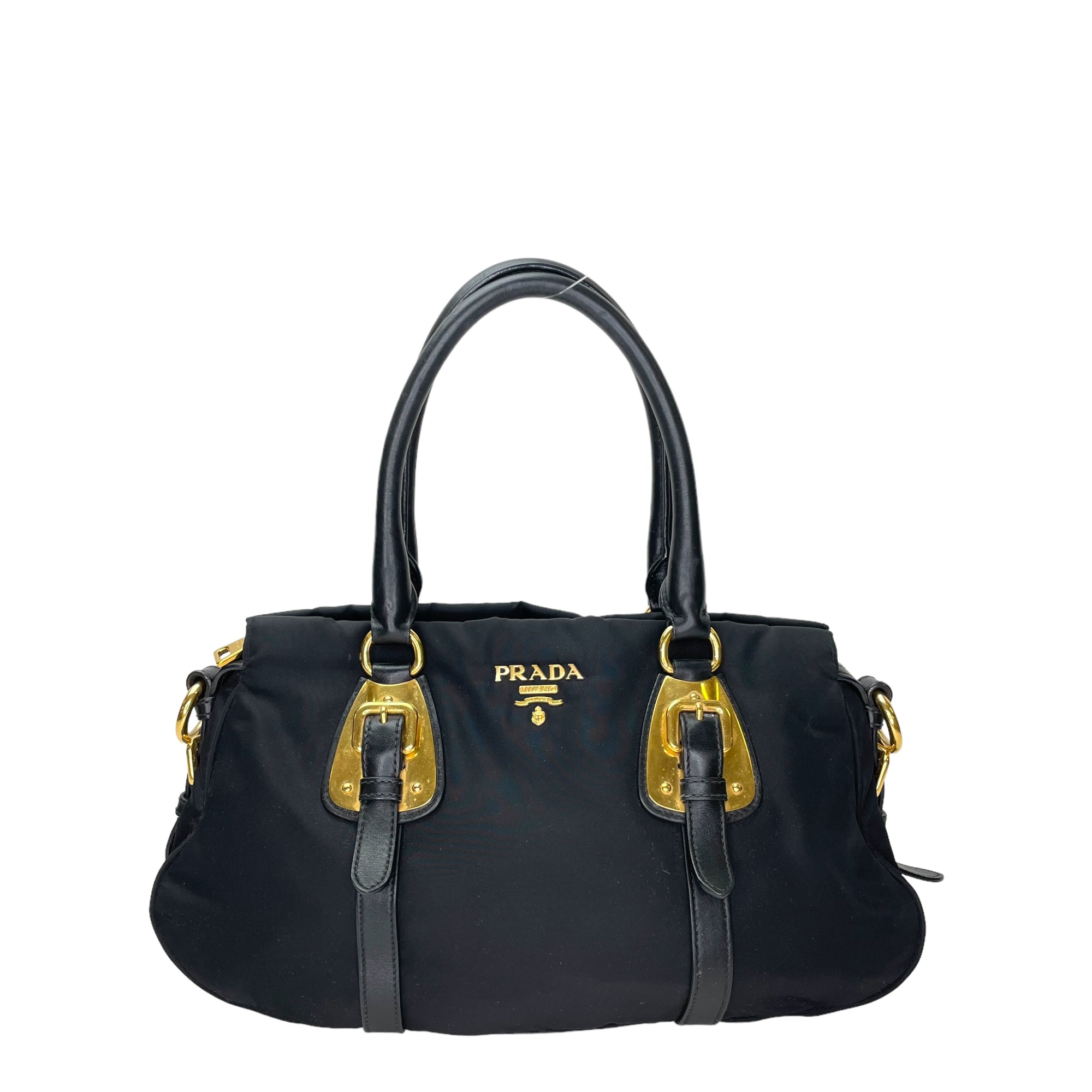 Two-Way Black Top Handle Bag in Nylon, Gold hardware