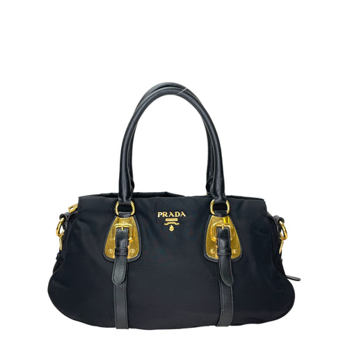 Two-Way Black Top Handle Bag in Nylon, Gold hardware