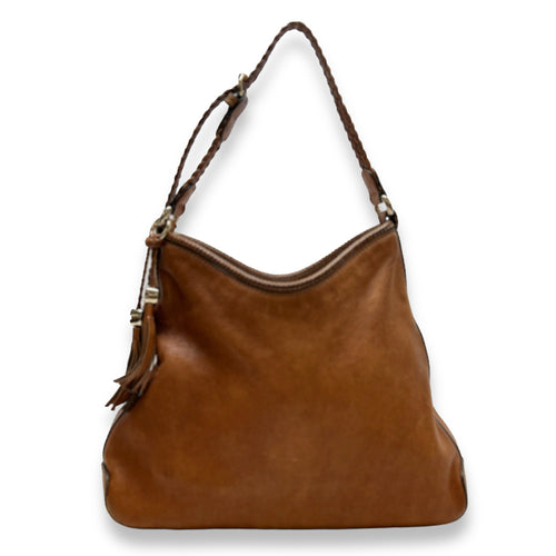 Marrakech Hobo Shoulder Bag Brown in Calfskin, Gold hardware