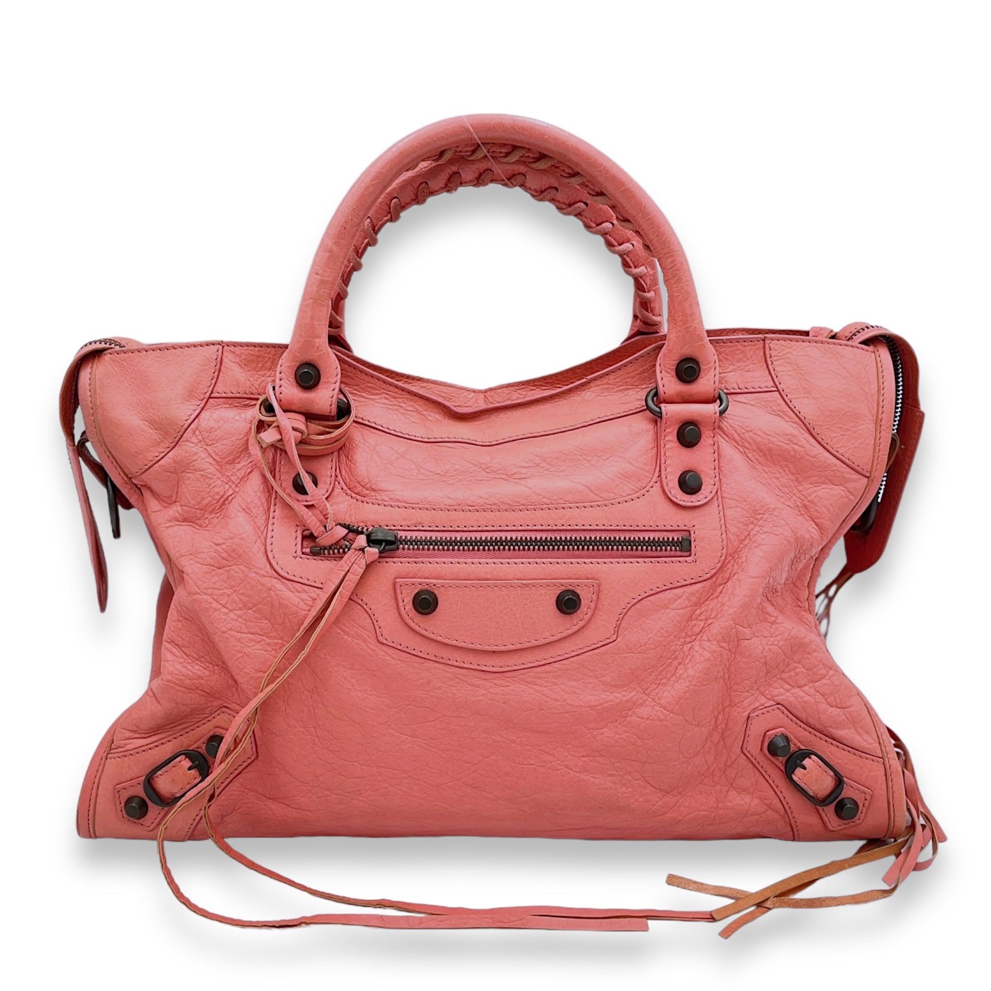 City Medium Pink Top Handle Bag in Distressed Leather, Gunmetal hardware