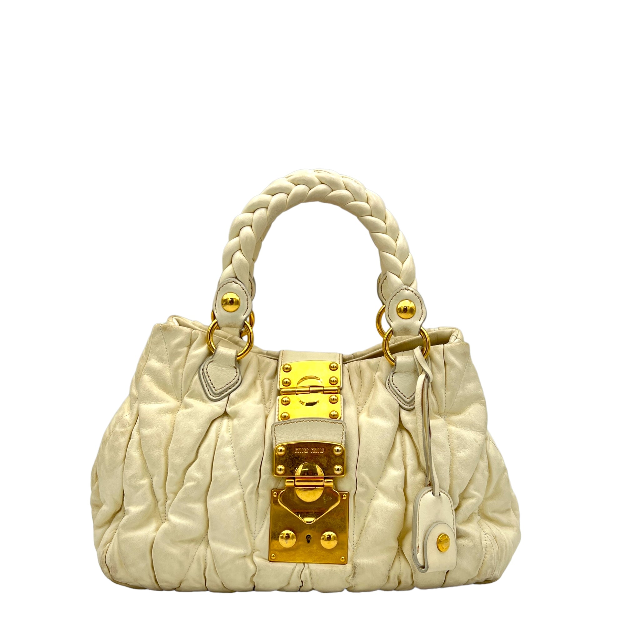 Matelassé White Top Handle Bag in Lambskin, Gold hardware