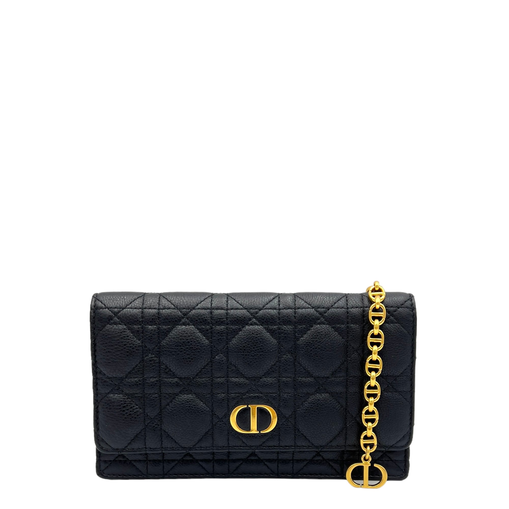 Caro Black Wallet On Chain in Calfskin, Gold hardware