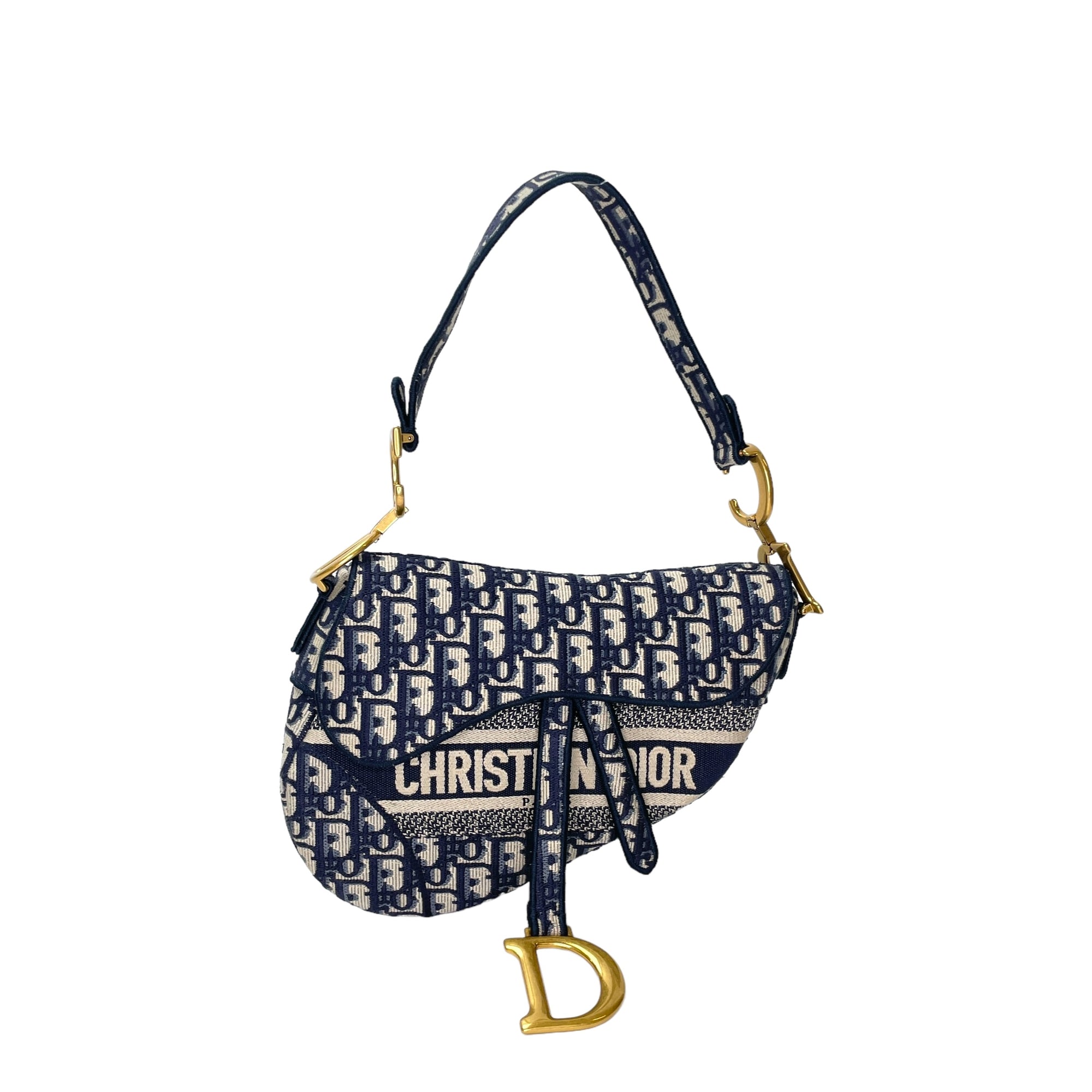 Saddle Medium Blue Top Handle Bag in Jacquard, Gold hardware