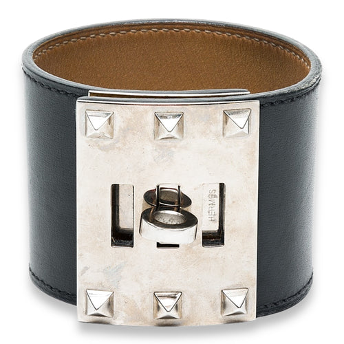 Collier De Chien Small Black in Box Calfskin, Silver hardware