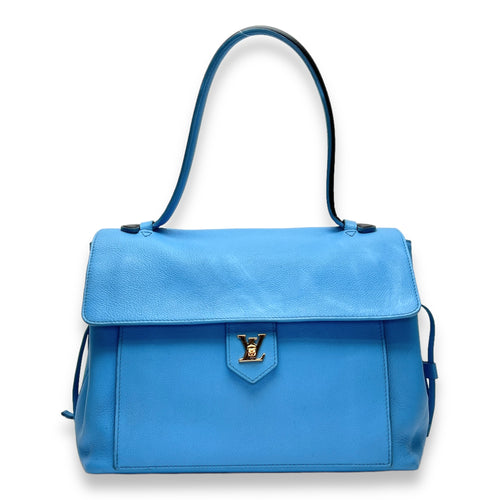 LockMe MM Blue Top Handle Bag in Calfskin, Gold hardware