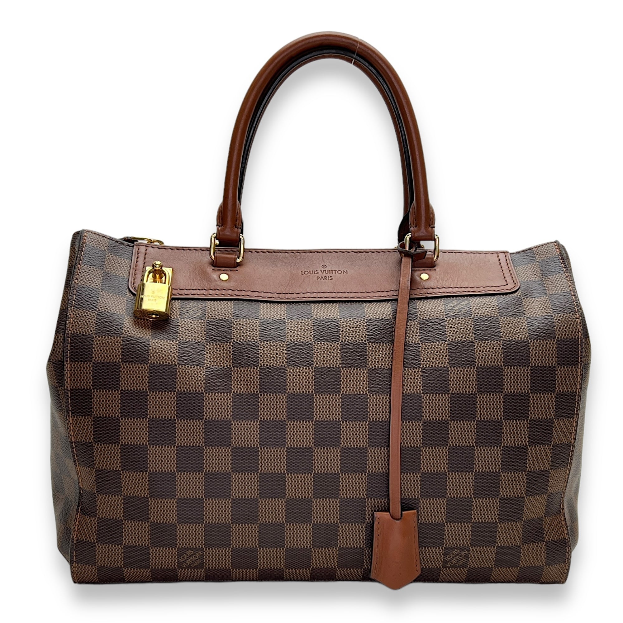 Greenwich Damier Ebene Brown Top Handle Bag in Coated Canvas, Gold hardware