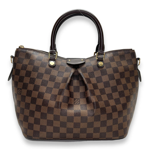 Siena Damier Ebene PM Brown Top Handle Bag in Coated Canvas, Gold hardware