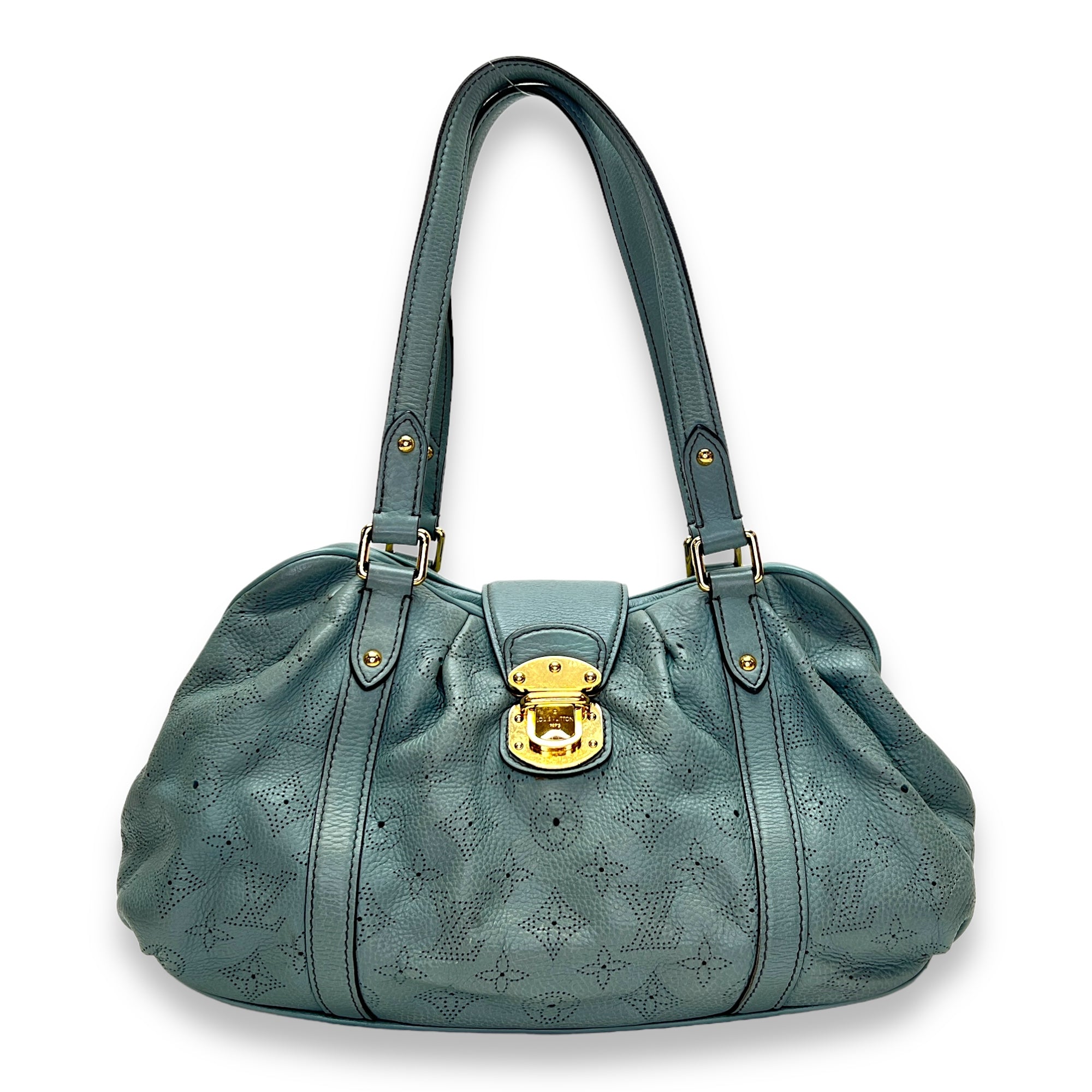 Lunar PM Blue Shoulder Bag in Mahina Leather, Gold hardware