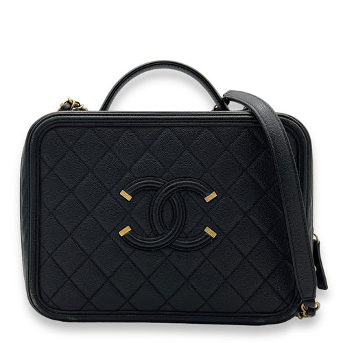 Filigree Large Black Vanity Bag in Caviar Leather, Gold hardware