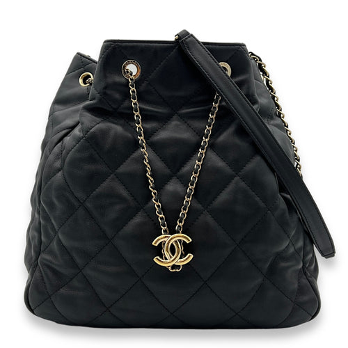 Bucket Black Shoulder Bag in Calfskin, Gold hardware