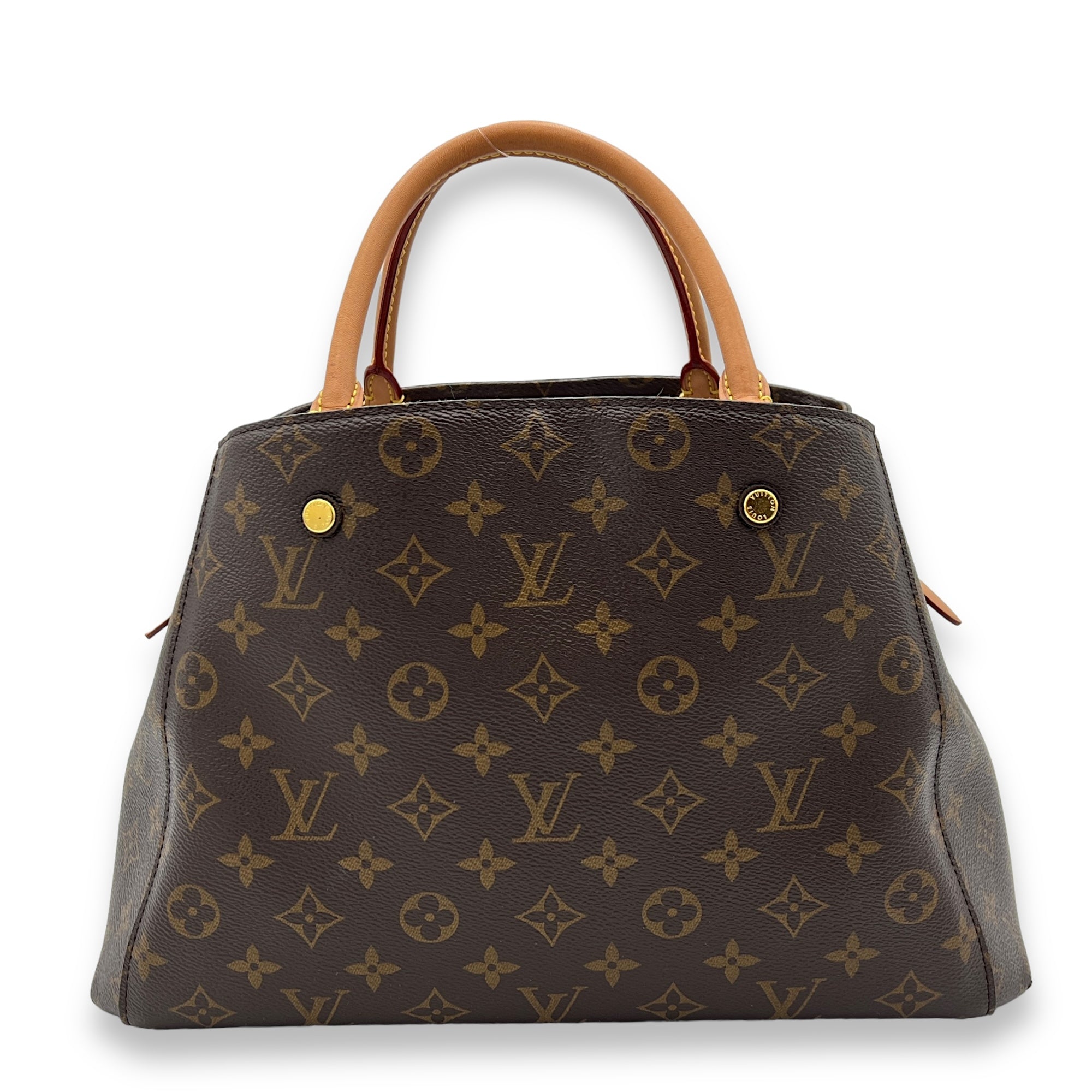 Montaigne Brown Top Handle Bag in Monogram Coated Canvas, Gold hardware