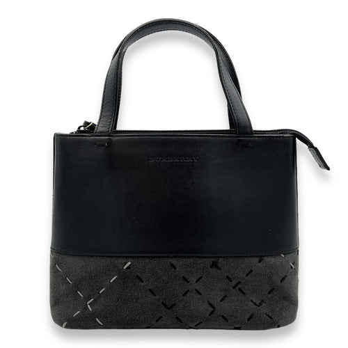 Logo Black Top Handle Bag in Calfskin and Suede, Silver hardware